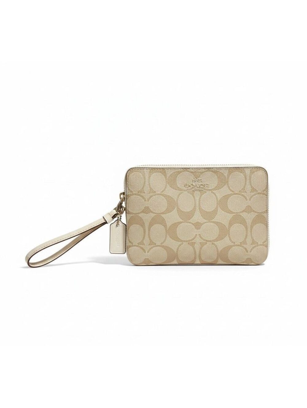Coach Corner Zip Wristlet Signature Canvas Khaki Chalk F66506